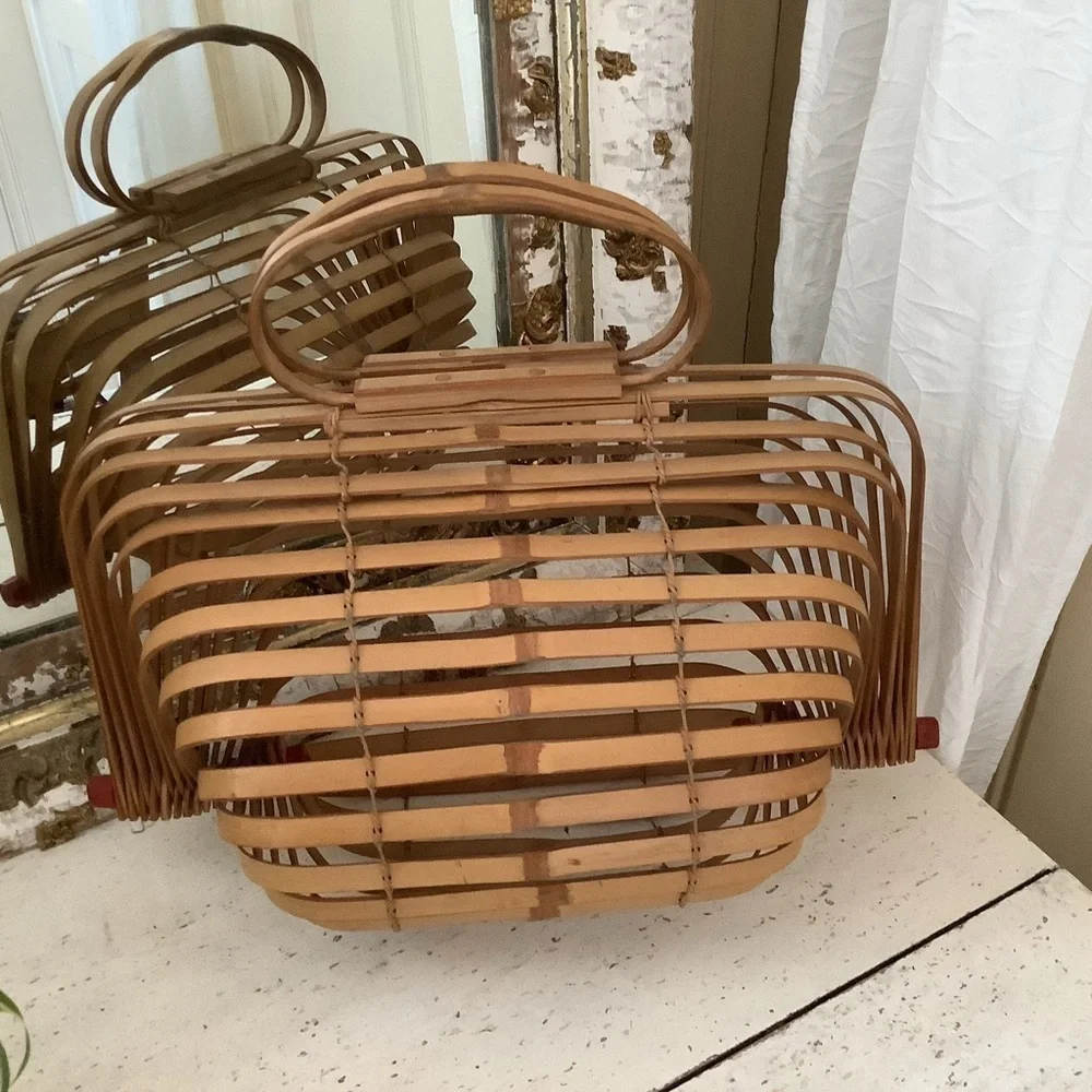Vintage Japanese Folding Collapsible Wood Market Basket Bamboo Wood Purse
